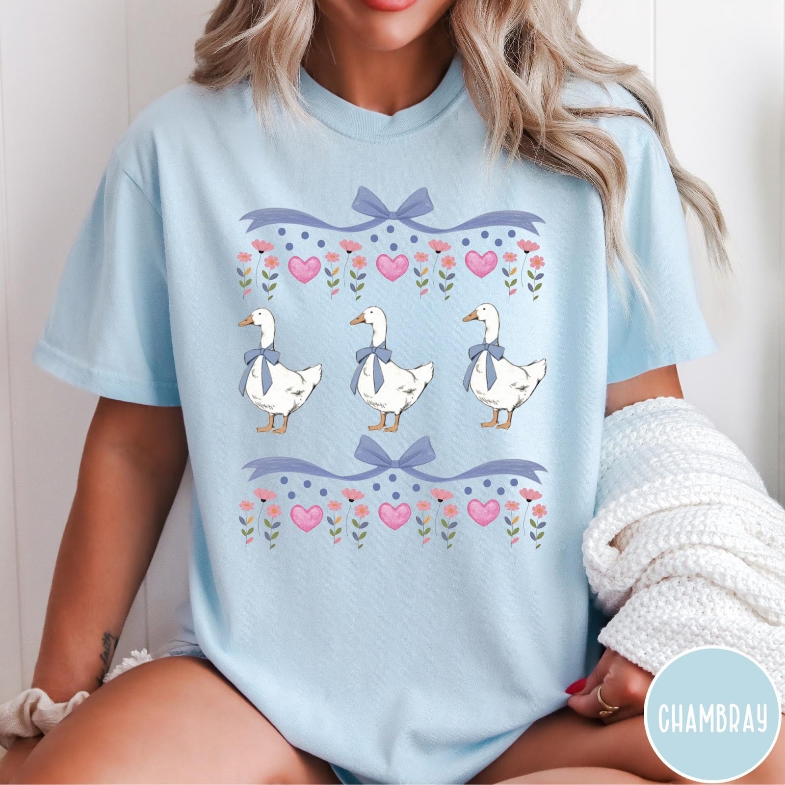 Comfort Colors tee in Chambray featuring vintage style graphic with three geese wearing blue bows and hearts