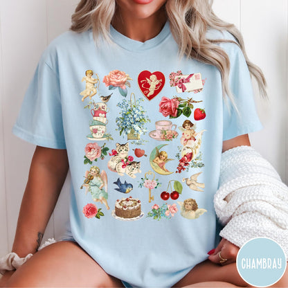 Comfort Colors tee in Chambray featuring vintage Valentine collage graphic with cherubs, flowers, cats, and romantic symbols