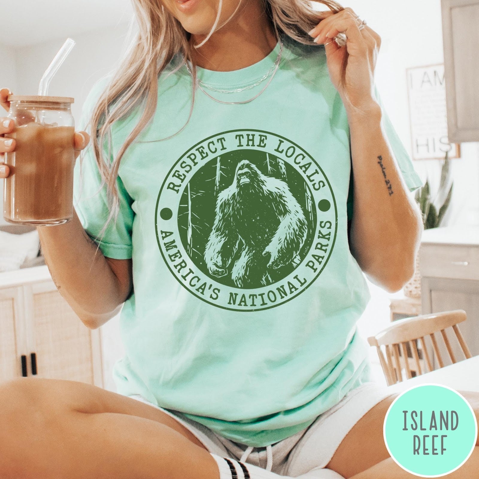 Comfort Colors tee in Island Reef featuring circular graphic design with Bigfoot and Respect the Locals text
