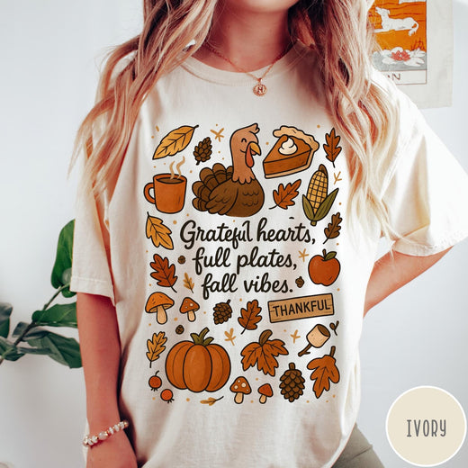 Comfort Colors tee in Ivory featuring fall design style with turkey, pumpkin, pie, and autumn harvest elements