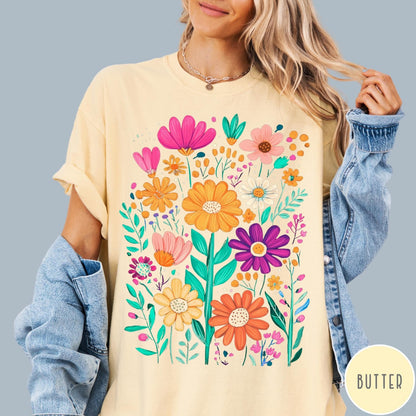 Comfort Colors tee in Butter featuring boho floral design with colorful hand-drawn style garden flowers