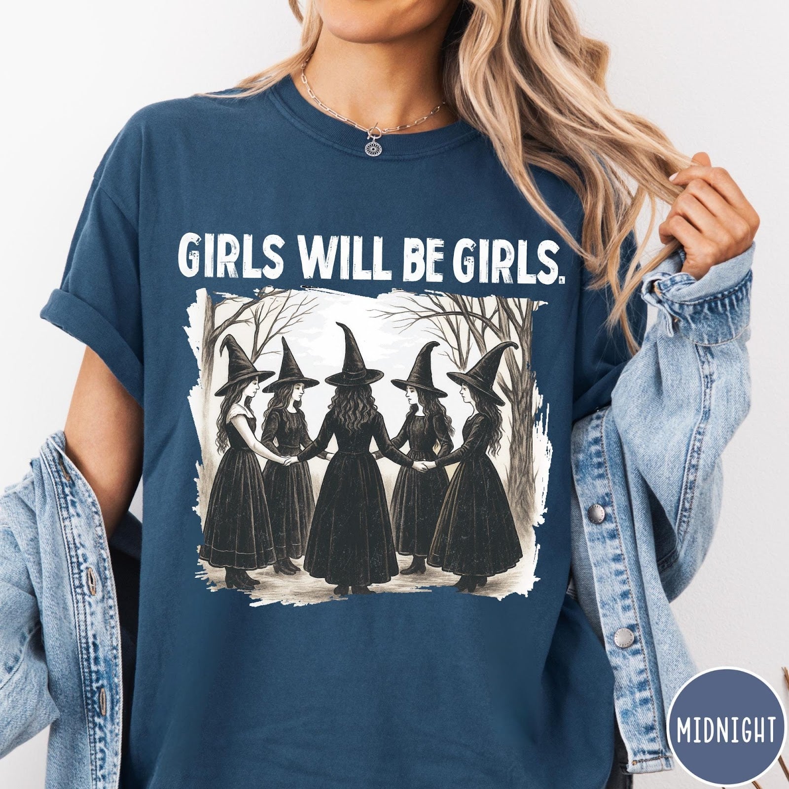 Comfort Colors tee in Midnight featuring vintage style graphic of five witches holding hands in a circle