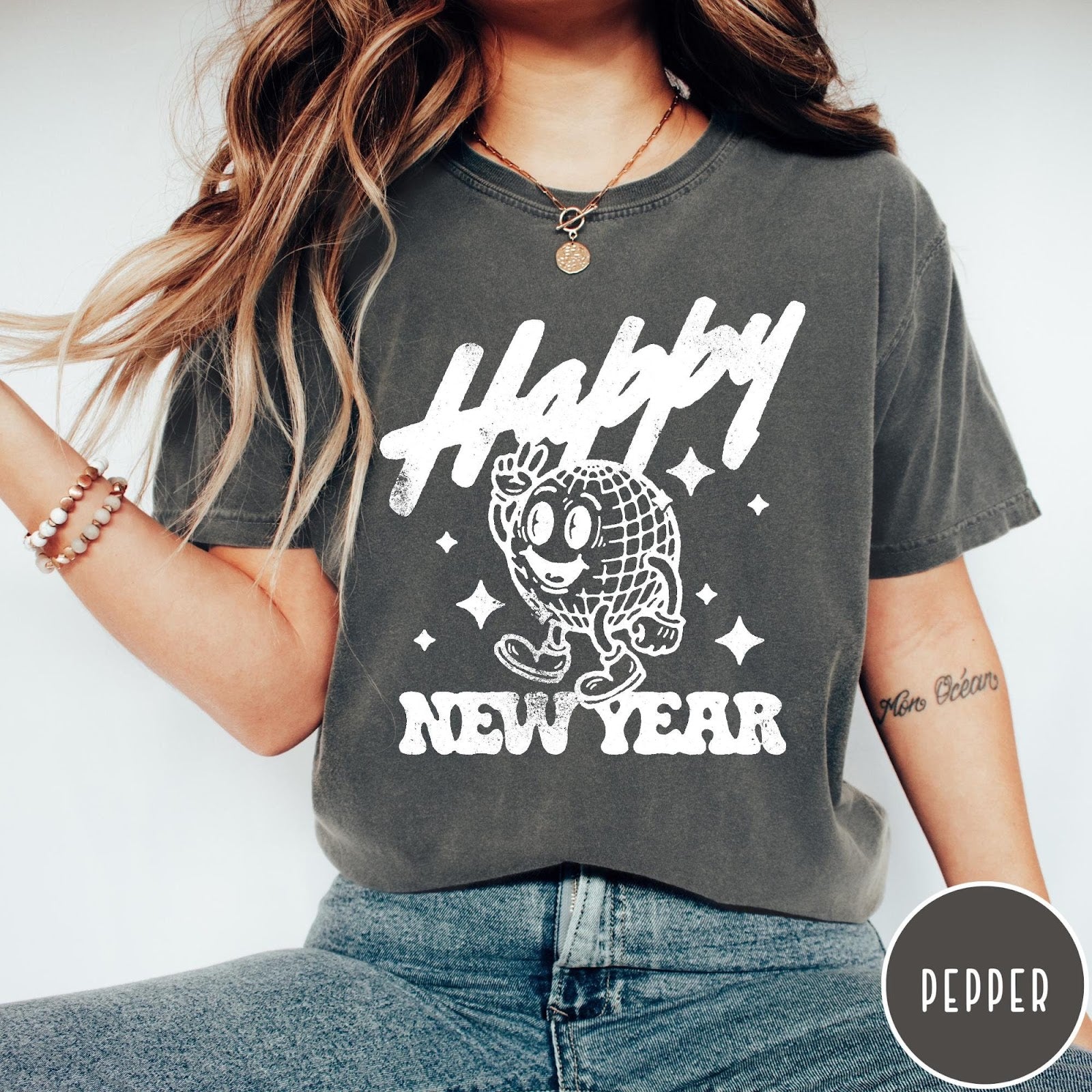 Comfort Colors tee in Pepper featuring retro disco style graphic of a happy disco ball mascot character