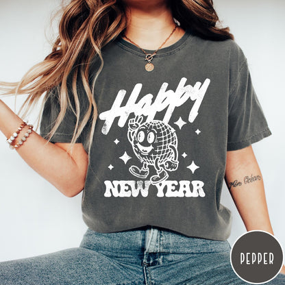 Comfort Colors tee in Pepper featuring retro disco style graphic of a happy disco ball mascot character