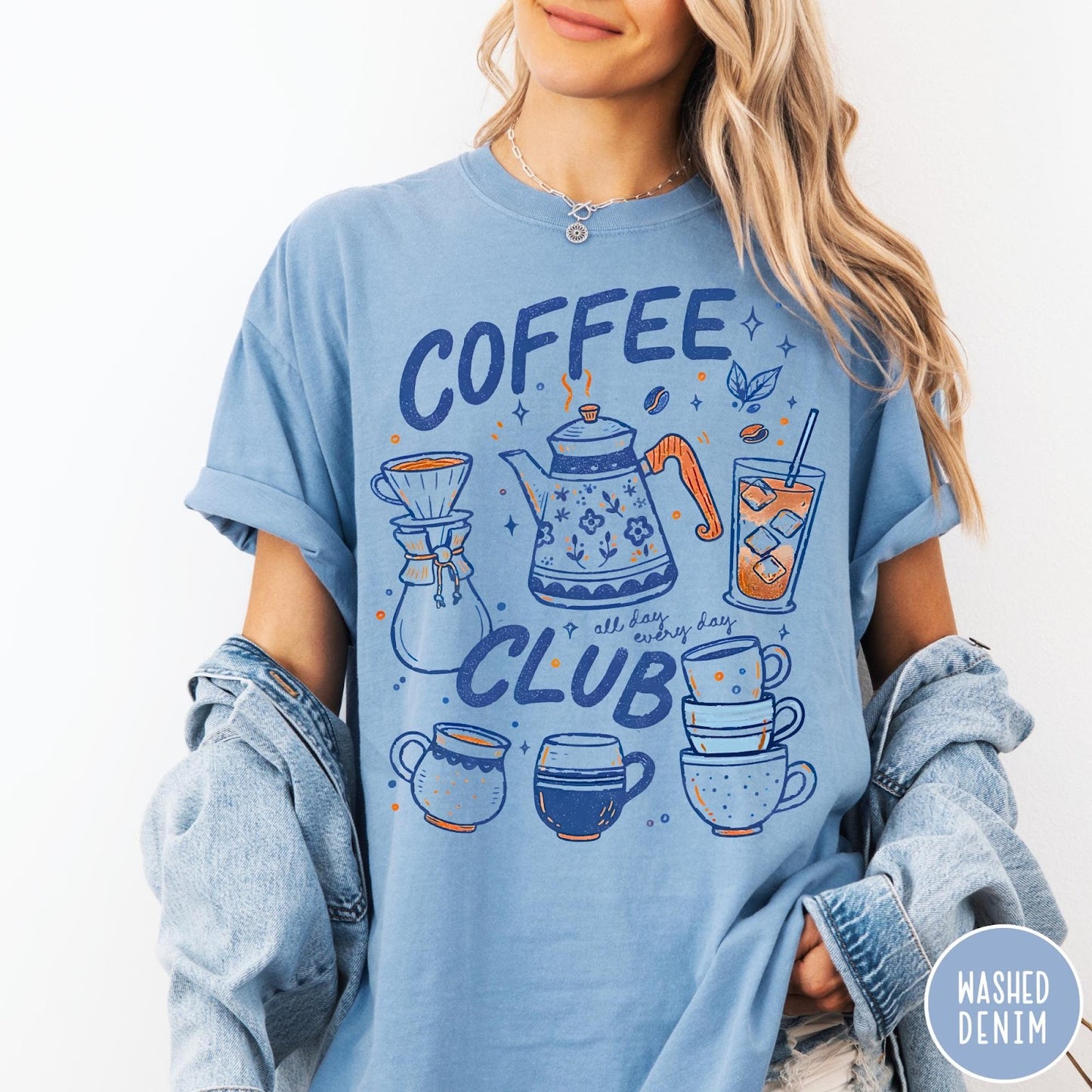 Comfort Colors tee in Washed Denim featuring retro graphic design with coffee pots, mugs, and iced coffee