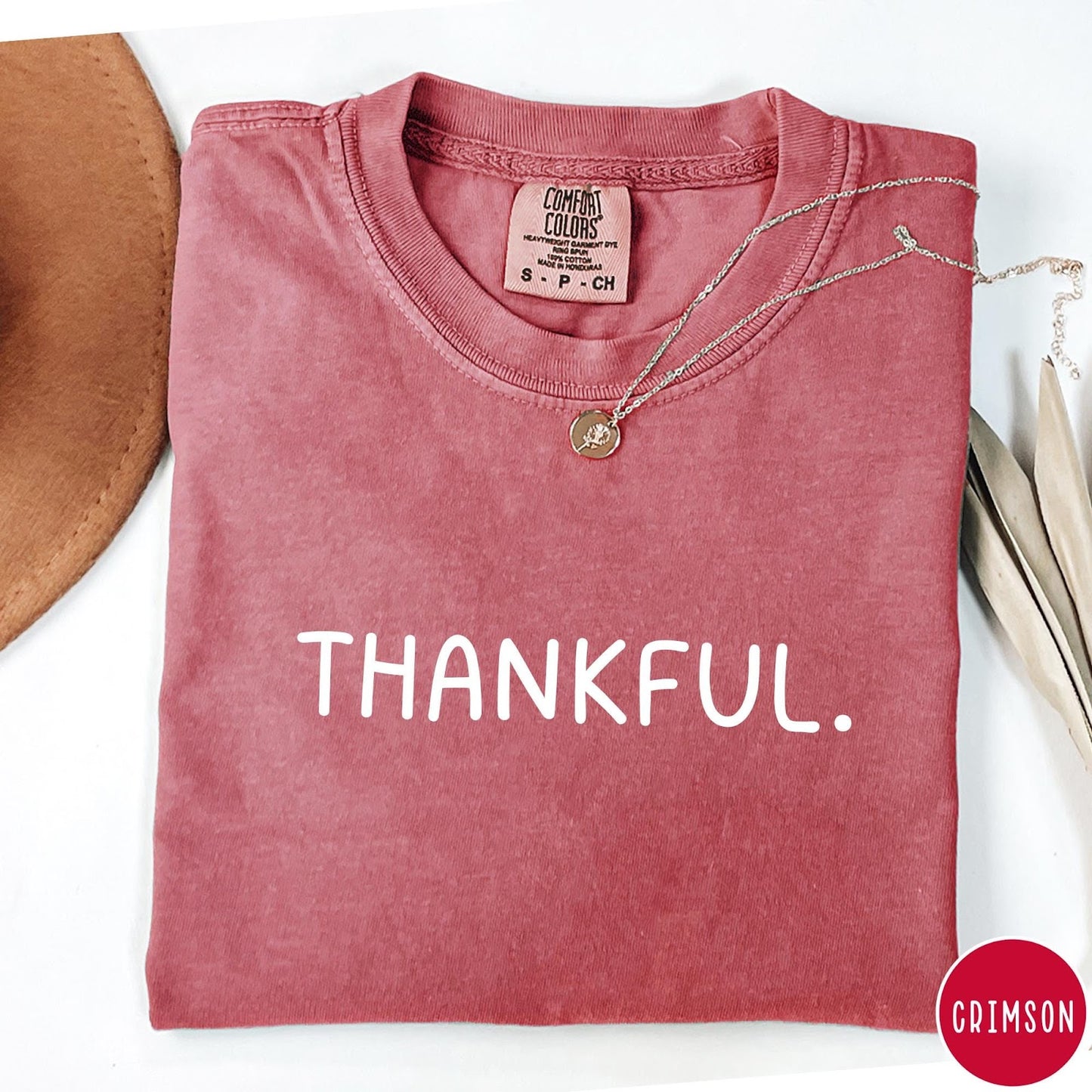Comfort Colors tee in Crimson featuring minimalist design with the word Thankful printed in white text