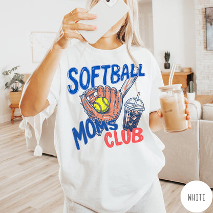 Comfort Colors tee in White featuring graphic design with softball glove, ball, bat, and iced coffee