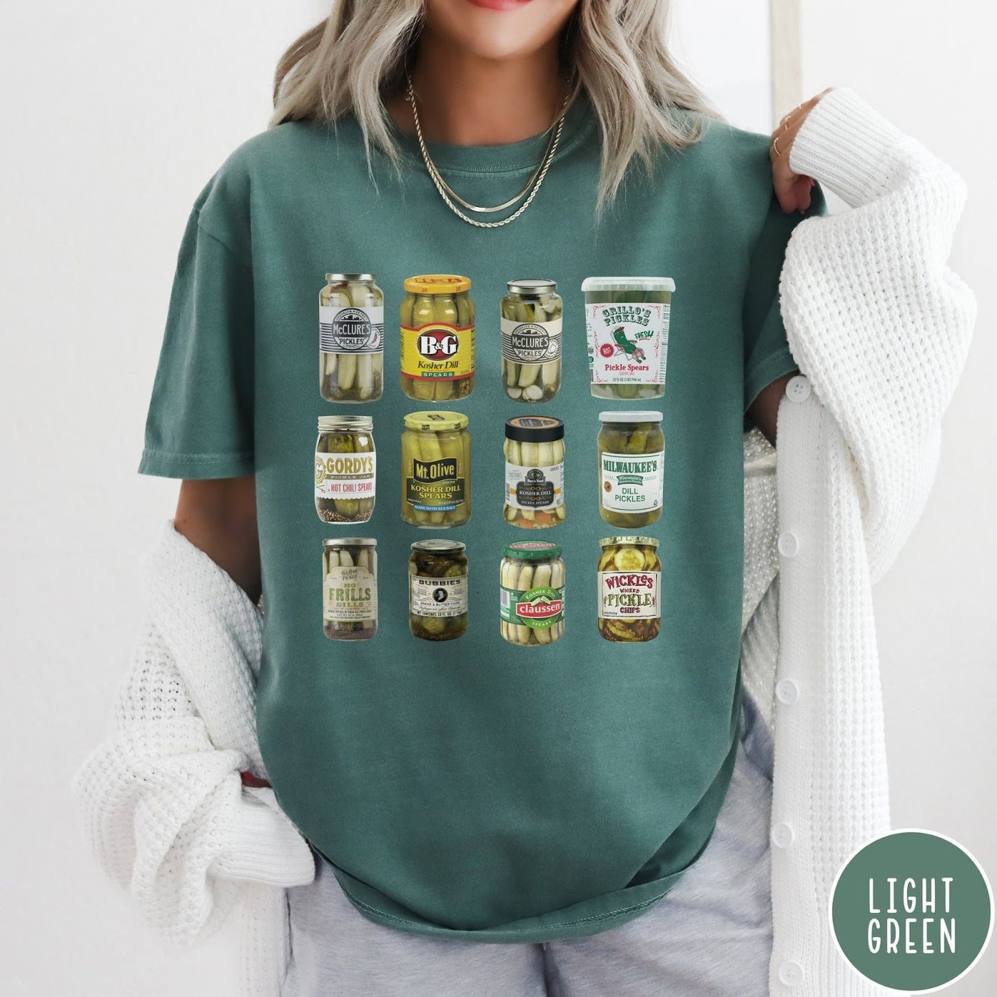 Comfort Colors tee in Light Green featuring graphic design of various pickle jars arranged in a grid pattern