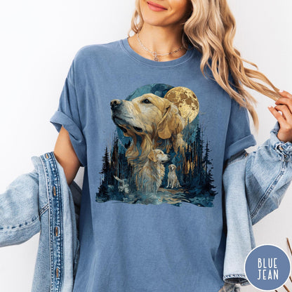 Comfort Colors tee in Blue Jean featuring artistic graphic design of a Golden Retriever in a moonlit forest scene