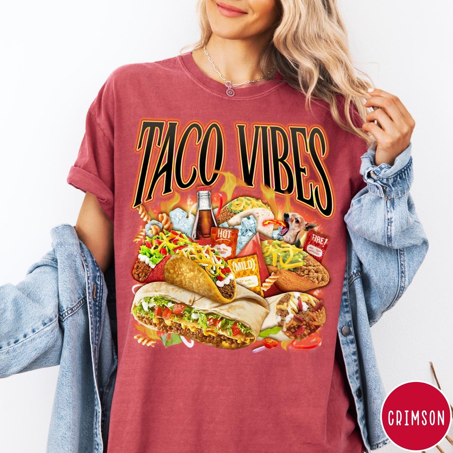 Comfort Colors tee in Crimson featuring retro style graphic with tacos, hot sauce, and a chihuahua dog