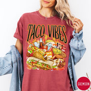 Comfort Colors tee in Crimson featuring retro style graphic with tacos, hot sauce, and a chihuahua dog