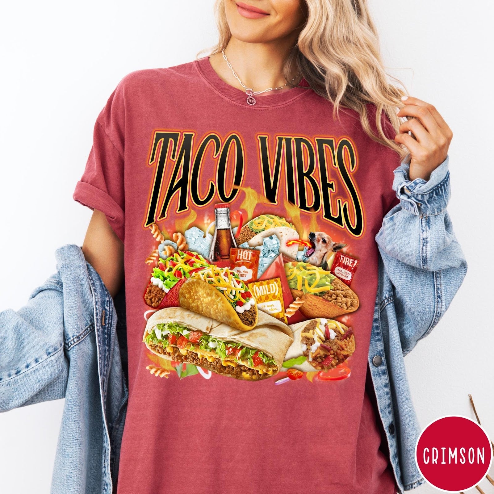 Comfort Colors tee in Crimson featuring retro style graphic with tacos, hot sauce, and a chihuahua dog