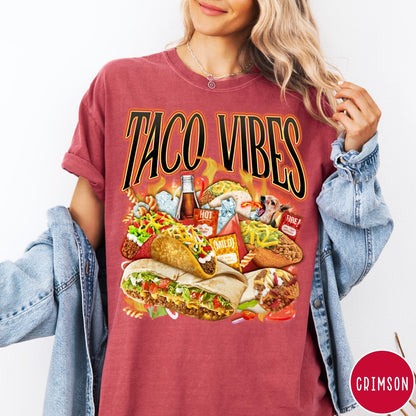 Comfort Colors tee in Crimson featuring retro style graphic with tacos, hot sauce, and a chihuahua dog