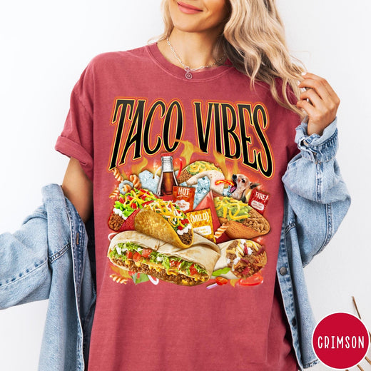 Comfort Colors tee in Crimson featuring retro style graphic with tacos, hot sauce, and a chihuahua dog