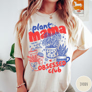 Comfort Colors tee in Ivory featuring retro style graphic with potted plants and Plant Mama Obsessed Club text