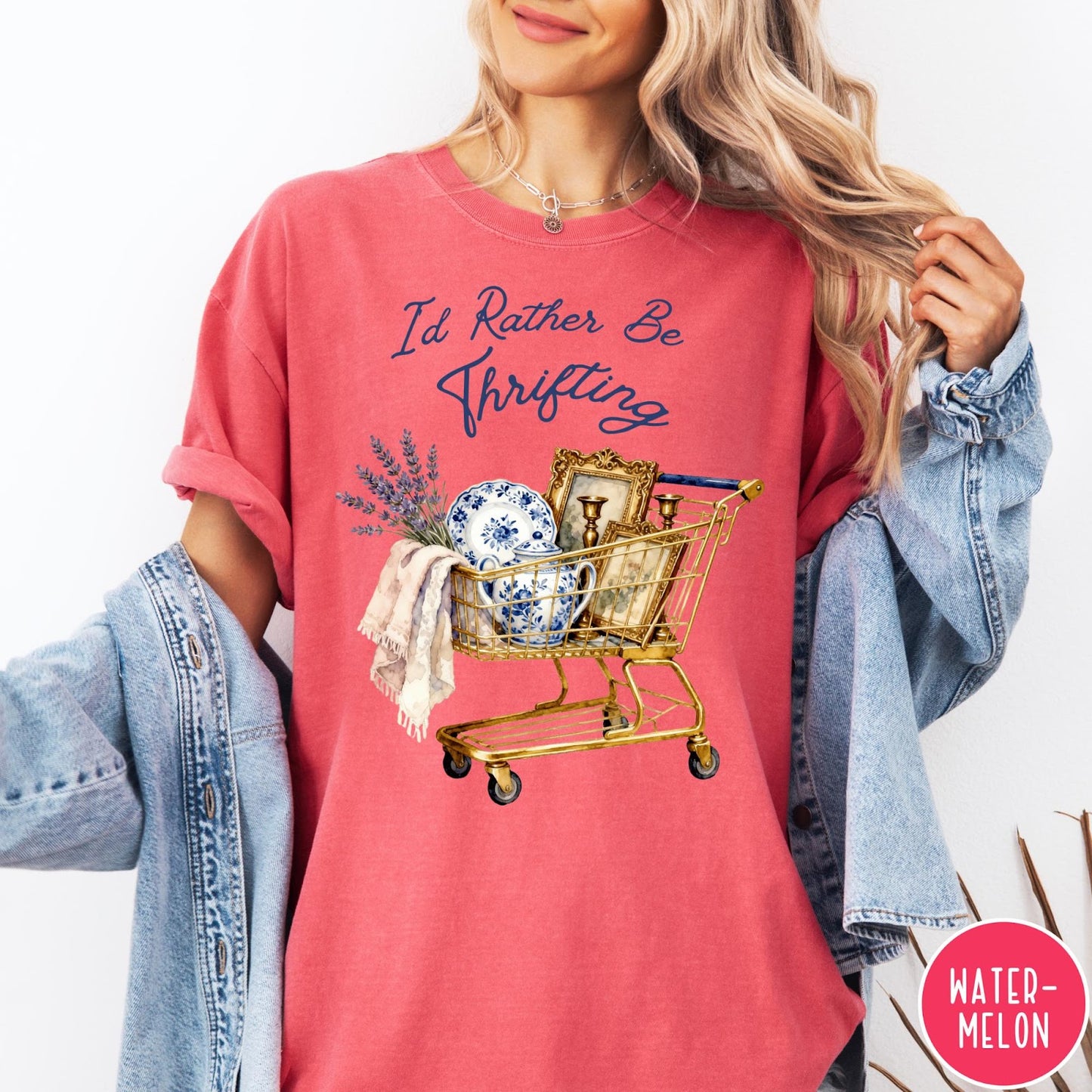 Comfort Colors tee in Watermelon featuring vintage decor graphic of a shopping cart filled with thrifted items