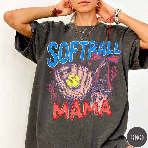 Comfort Colors tee in Pepper featuring softball mom graphic with glove, ball, bat, and iced coffee design