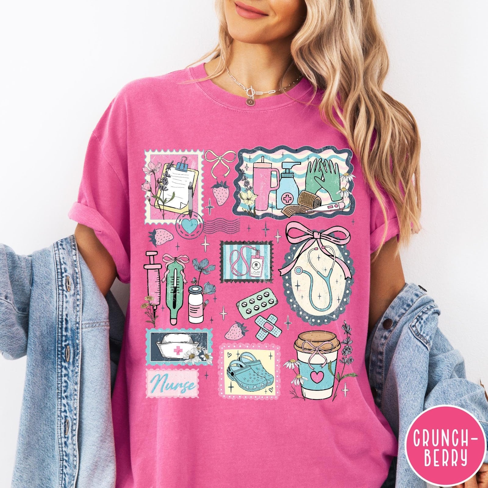 Comfort Colors tee in Crunchberry featuring nursing profession collage design with medical supplies and floral accents