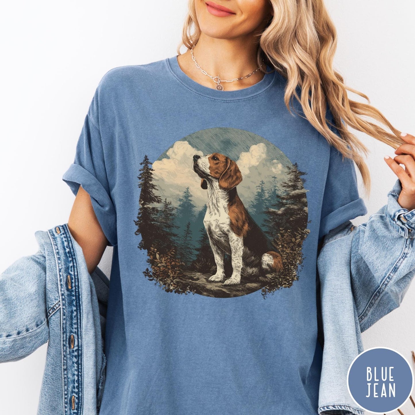 Comfort Colors tee in Blue Jean featuring vintage style graphic of a beagle sitting in a forest scene