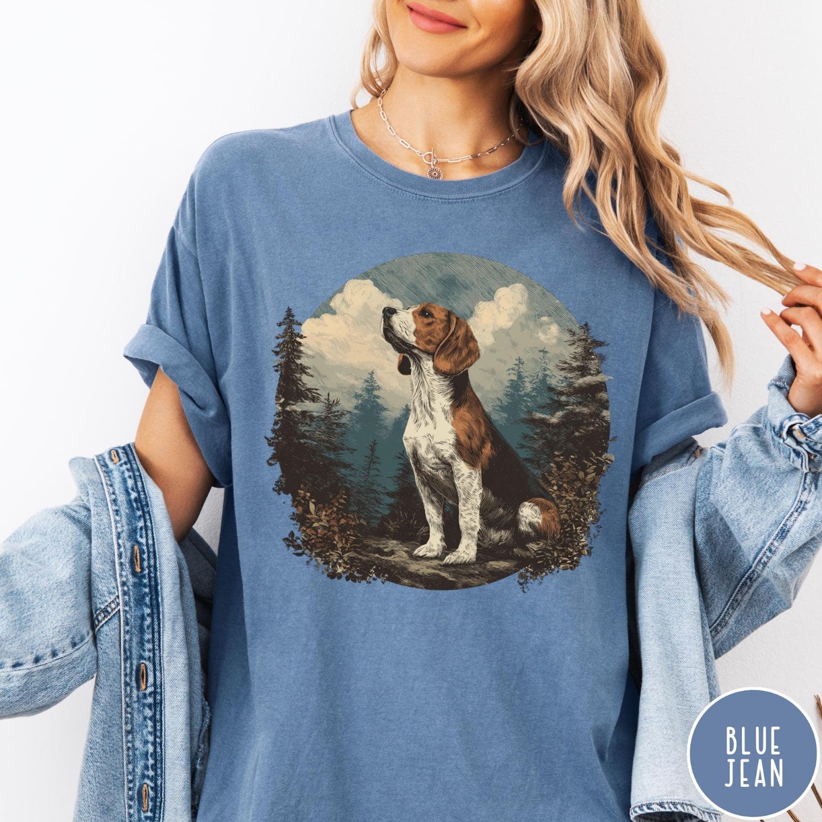 Comfort Colors tee in Blue Jean featuring vintage style graphic of a beagle sitting in a forest scene