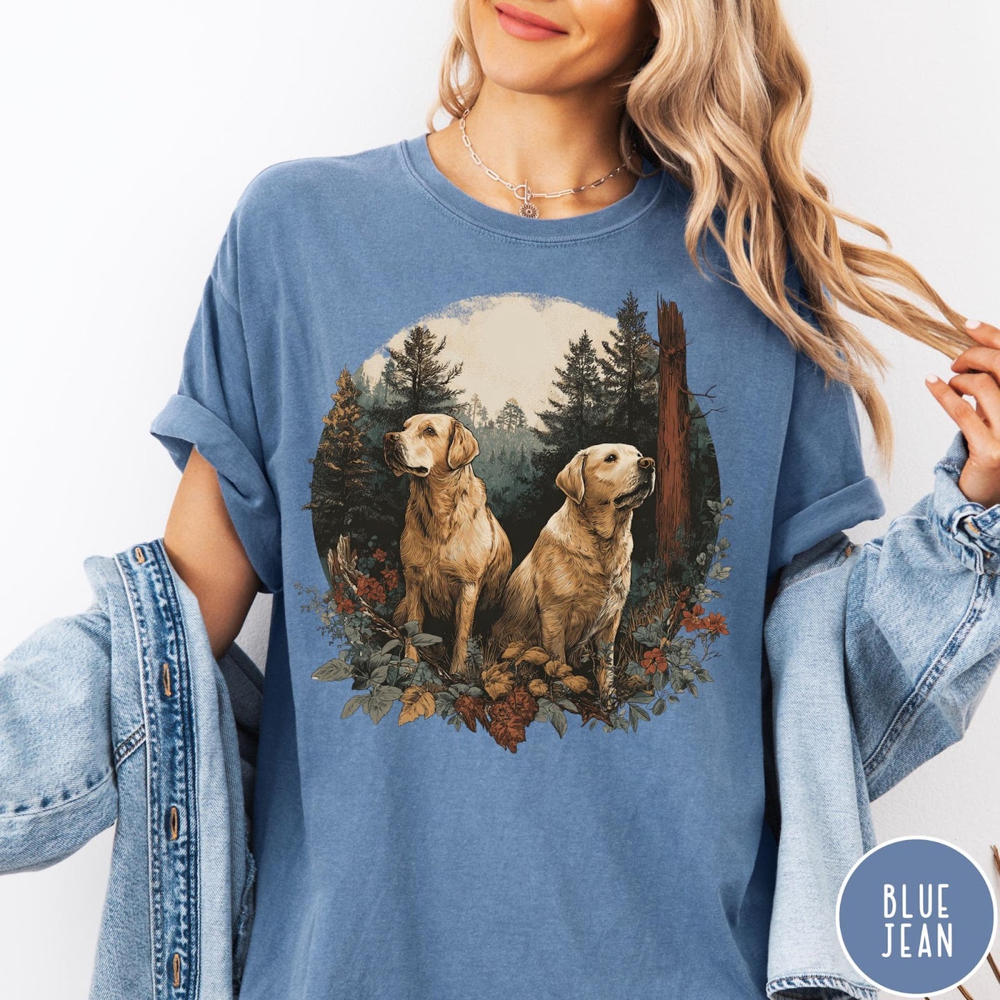 Comfort Colors tee in Blue Jean featuring vintage style graphic of two golden labrador dogs in a forest
