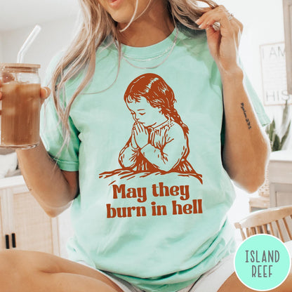 Comfort Colors tee in Island Reef featuring vintage style graphic of a child praying with text below