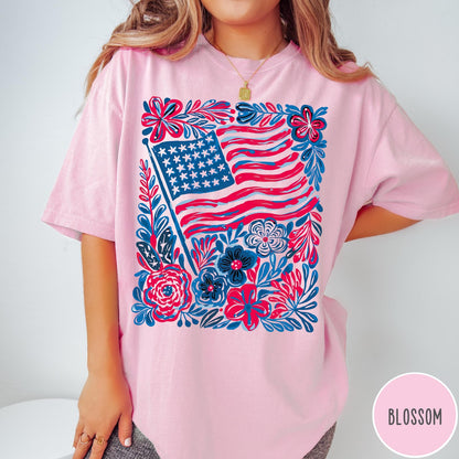 Comfort Colors tee in Blossom featuring boho floral design with an American flag and colorful flowers
