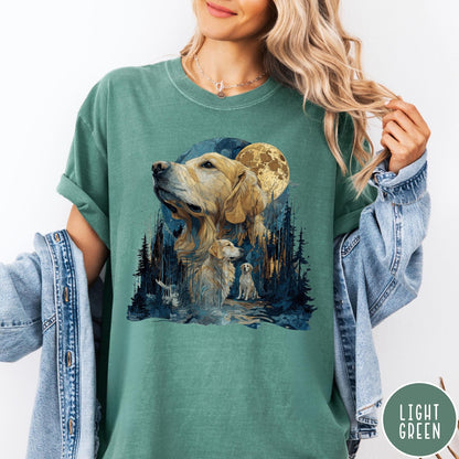 Comfort Colors tee in Light Green featuring artistic graphic design of a Golden Retriever in a moonlit forest scene