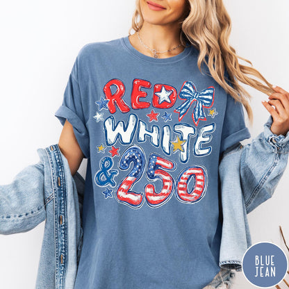 Comfort Colors tee in Blue Jean featuring patriotic 250th anniversary graphic with red white and blue stars