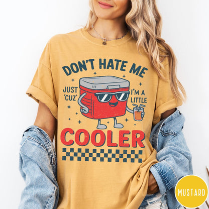 Comfort Colors tee in Mustard featuring retro cooler graphic with sunglasses and a drink with text