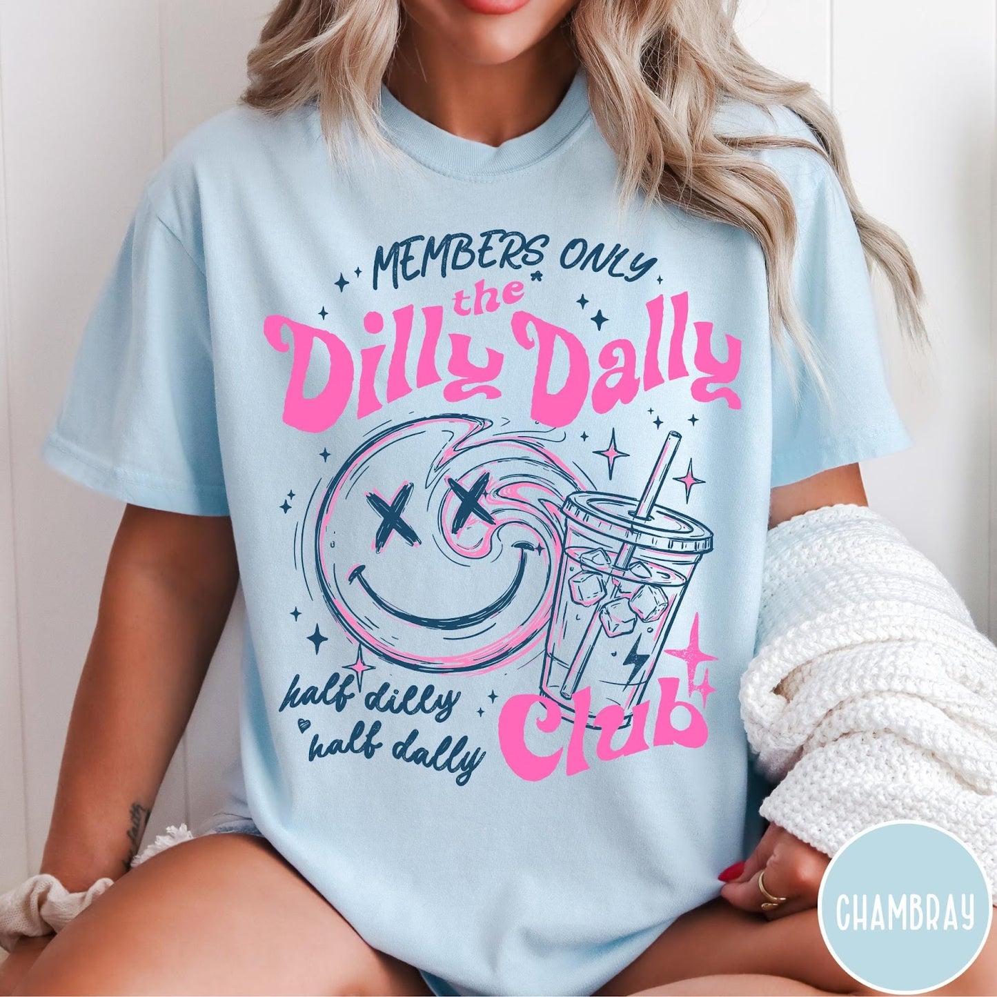 Comfort Colors tee in Chambray featuring retro style graphic with a smiley face and iced coffee cup