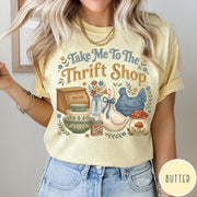 Comfort Colors tee in Butter featuring vintage kitchenware graphic with bread box, bowls, goose, and mushroom.