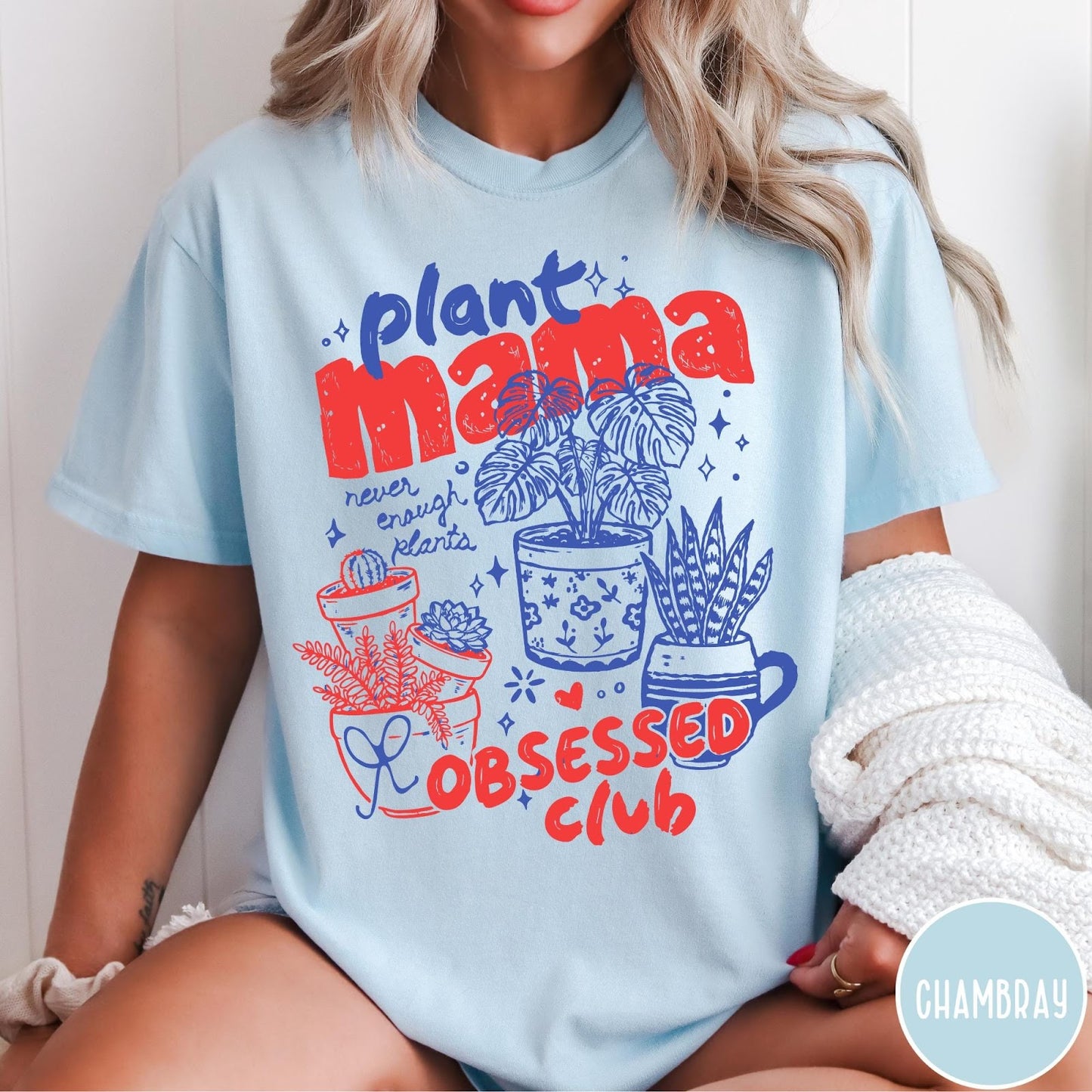 Comfort Colors tee in Chambray featuring graphic design with potted plants and Plant Mama Obsessed Club text