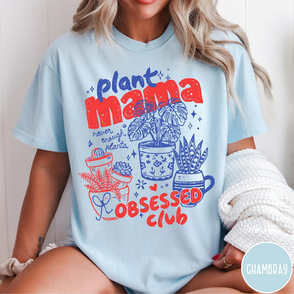 Comfort Colors tee in Chambray featuring graphic design with potted plants and Plant Mama Obsessed Club text