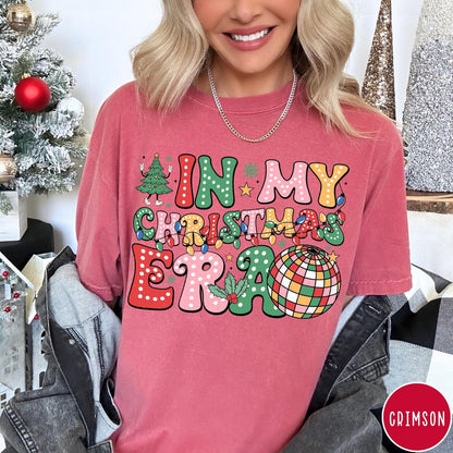 Comfort Colors tee in Crimson featuring Christmas disco style graphic with festive tree and colorful disco ball