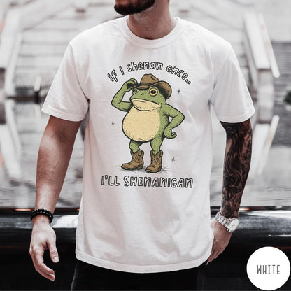 Comfort Colors tee in White featuring western style graphic of a frog wearing a cowboy hat and boots