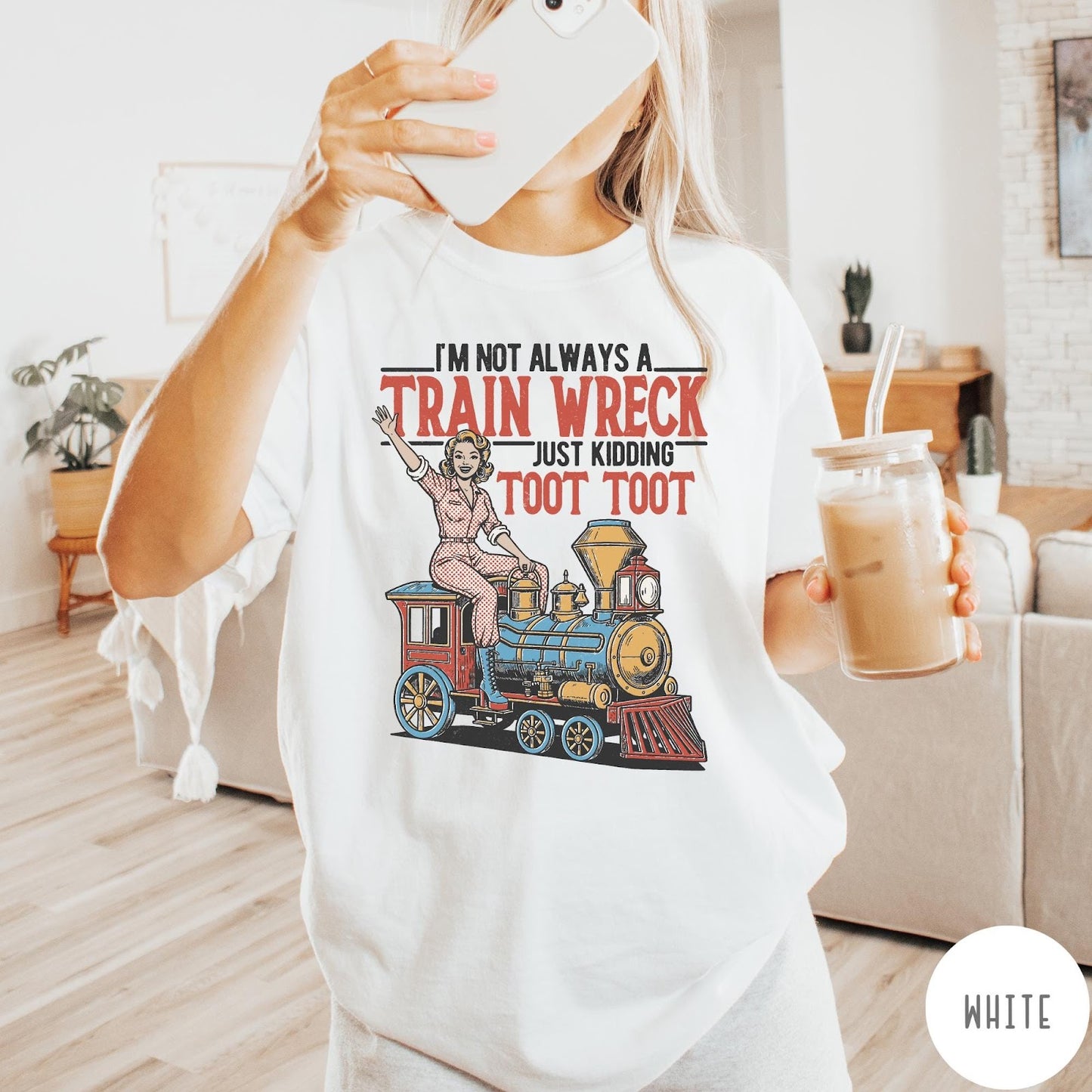 Comfort Colors tee in White featuring vintage pin-up style graphic of a woman riding a steam train