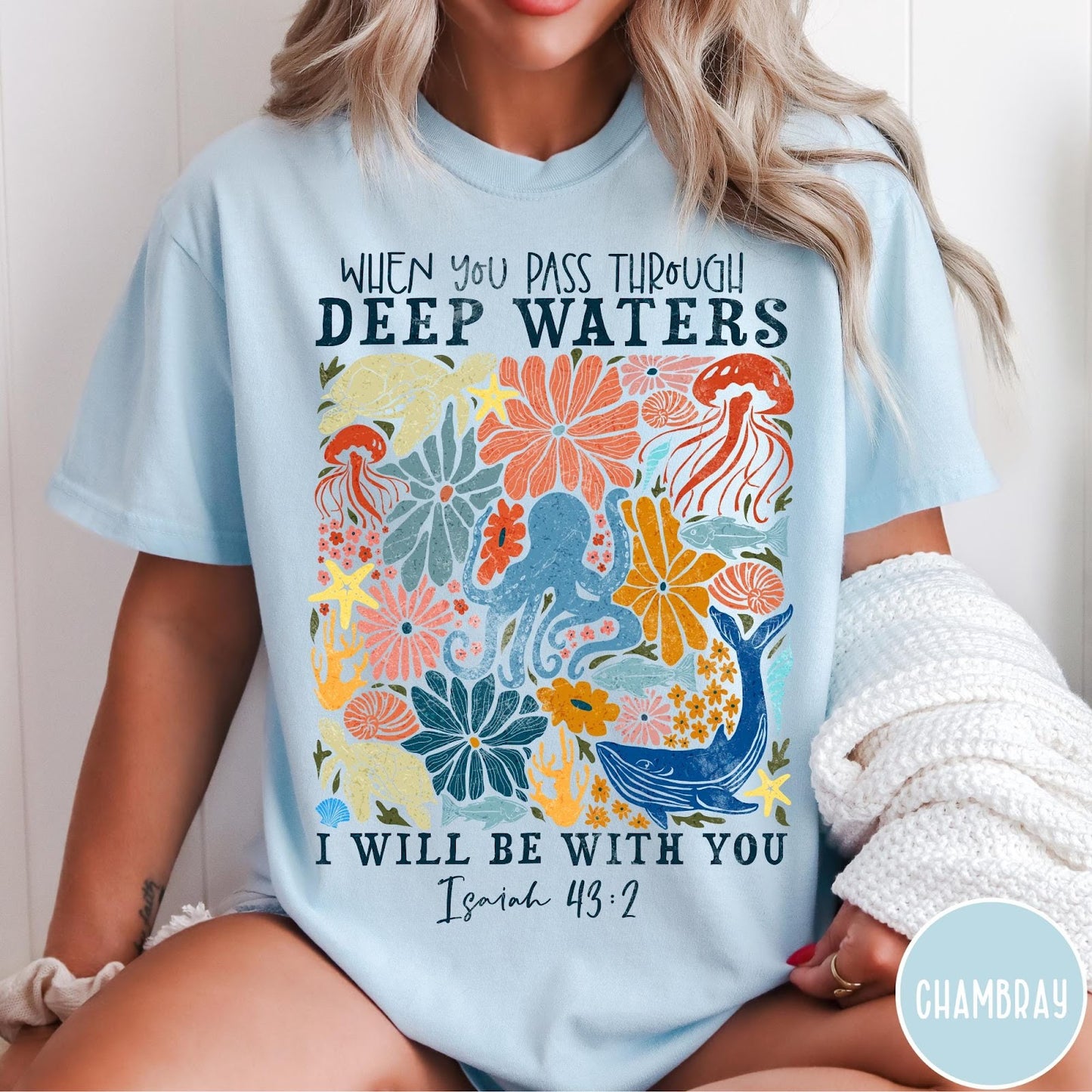 Comfort Colors tee in Chambray featuring retro style ocean life graphic with Isaiah 43:2 Bible verse text