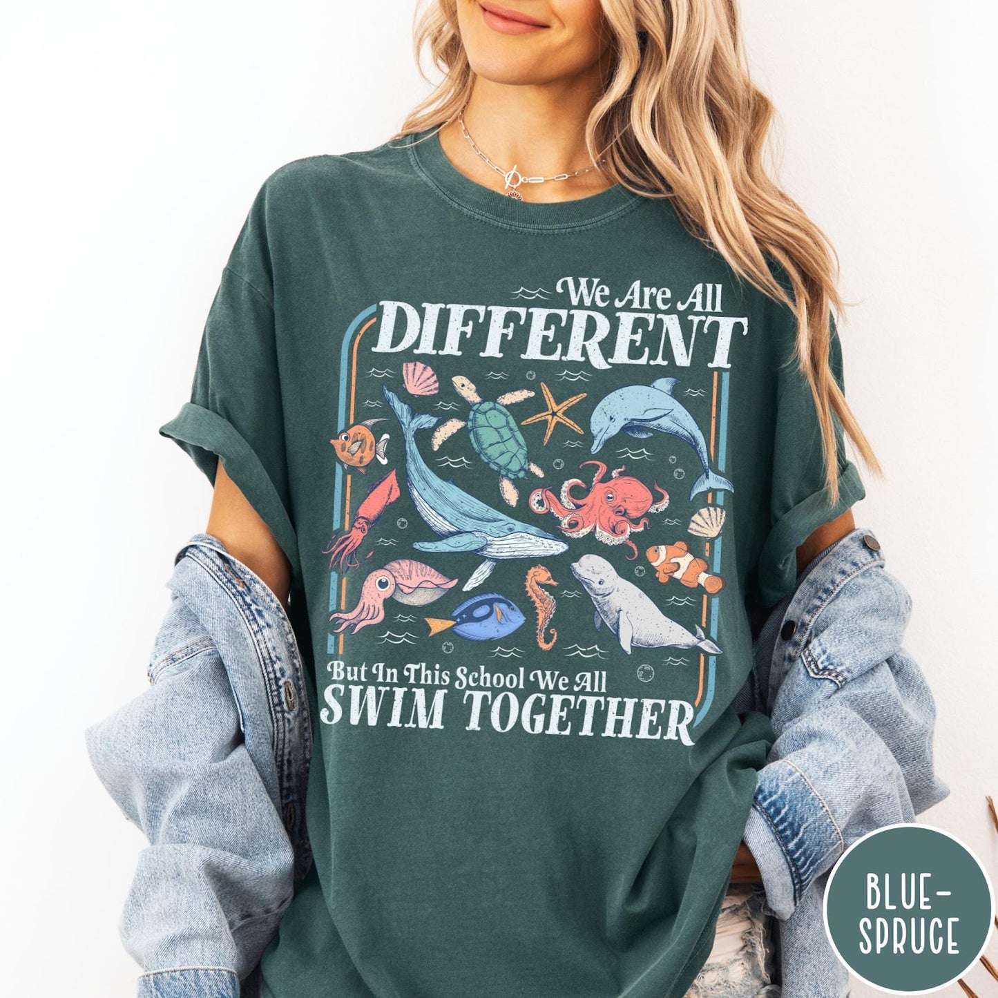 Comfort Colors tee in Blue Spruce featuring vintage style graphic with ocean animals including a whale and octopus
