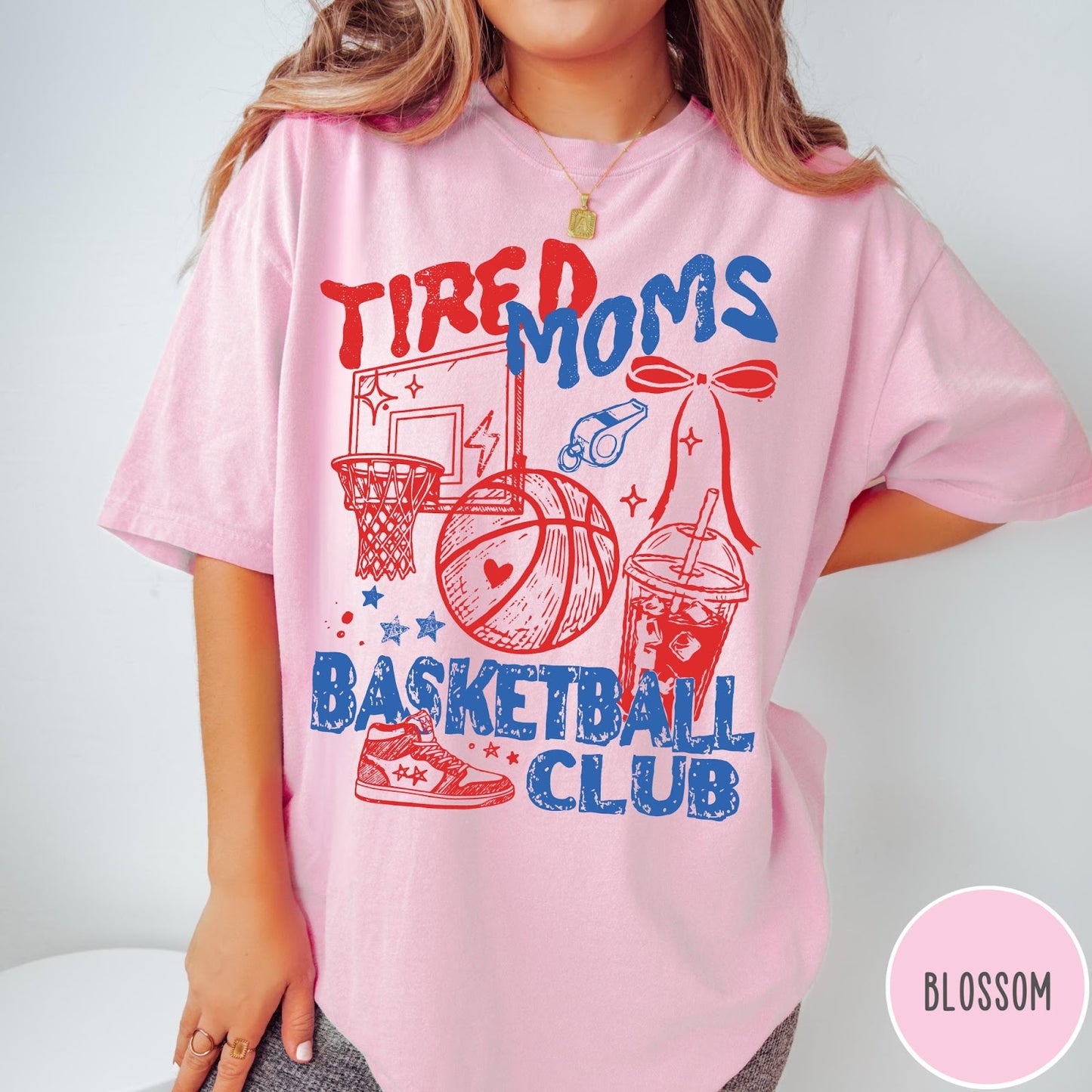 Comfort Colors tee in Blossom featuring basketball mom life graphic with hoop, ball, and sneakers