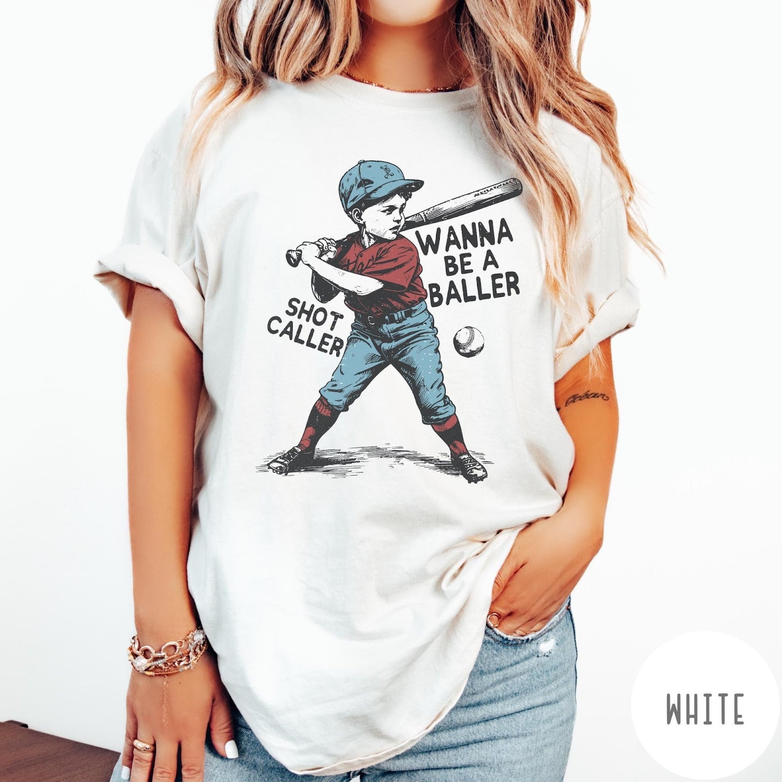 Comfort Colors tee in White featuring vintage style baseball player graphic with Wanna Be a Baller text