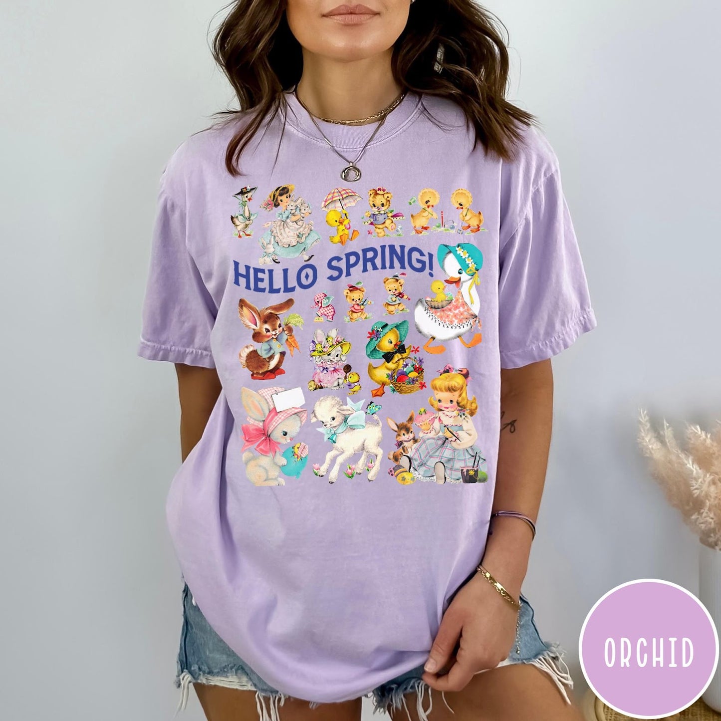 Comfort Colors tee in Orchid featuring vintage style graphic with spring animals and children illustrations