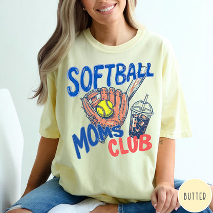 Comfort Colors tee in Butter featuring softball mom life graphic with baseball glove, ball, and iced coffee