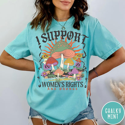 Comfort Colors tee in Chalky Mint featuring retro style graphic with mushrooms, flowers, and sun with inspirational text