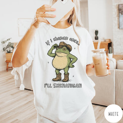 Comfort Colors tee in White featuring western graphic of a frog wearing a cowboy hat and boots