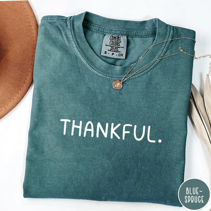 Comfort Colors tee in Blue Spruce featuring minimalist design with the word Thankful printed in white text