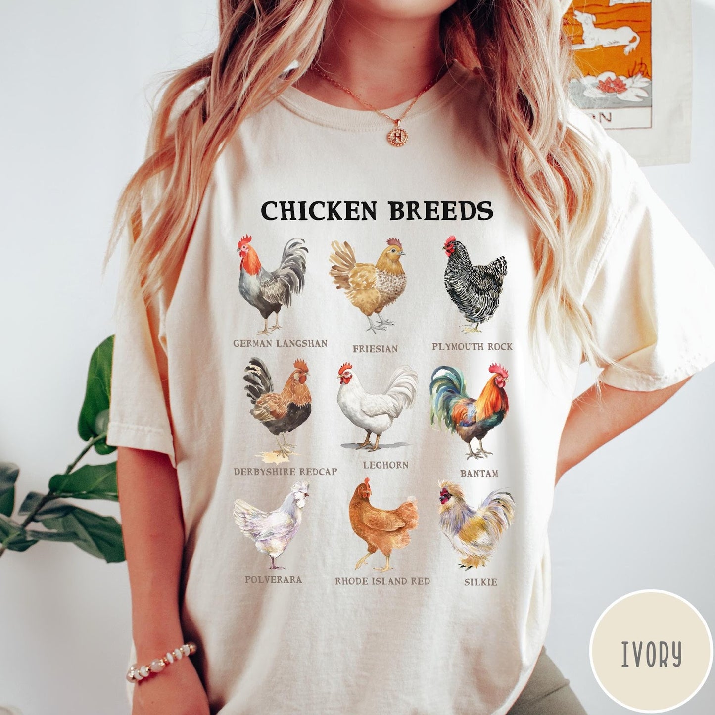 Comfort Colors tee in Ivory featuring vintage style graphic illustration of nine different chicken breeds with labels