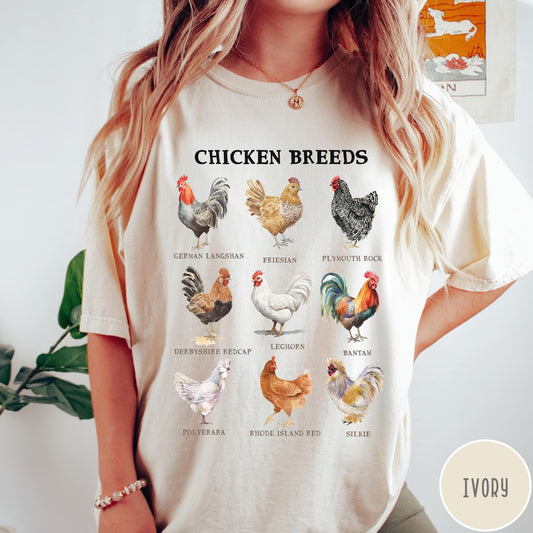 Comfort Colors tee in Ivory featuring vintage style graphic illustration of nine different chicken breeds with labels