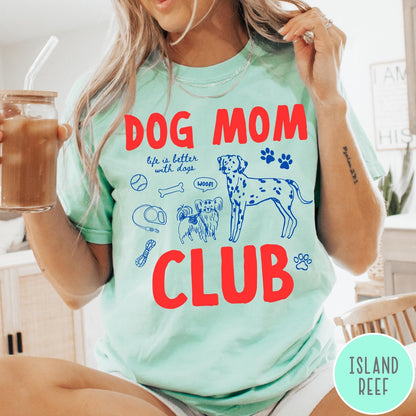 Comfort Colors tee in Island Reef featuring playful dog-themed graphic with Dalmatian and text Dog Mom Club