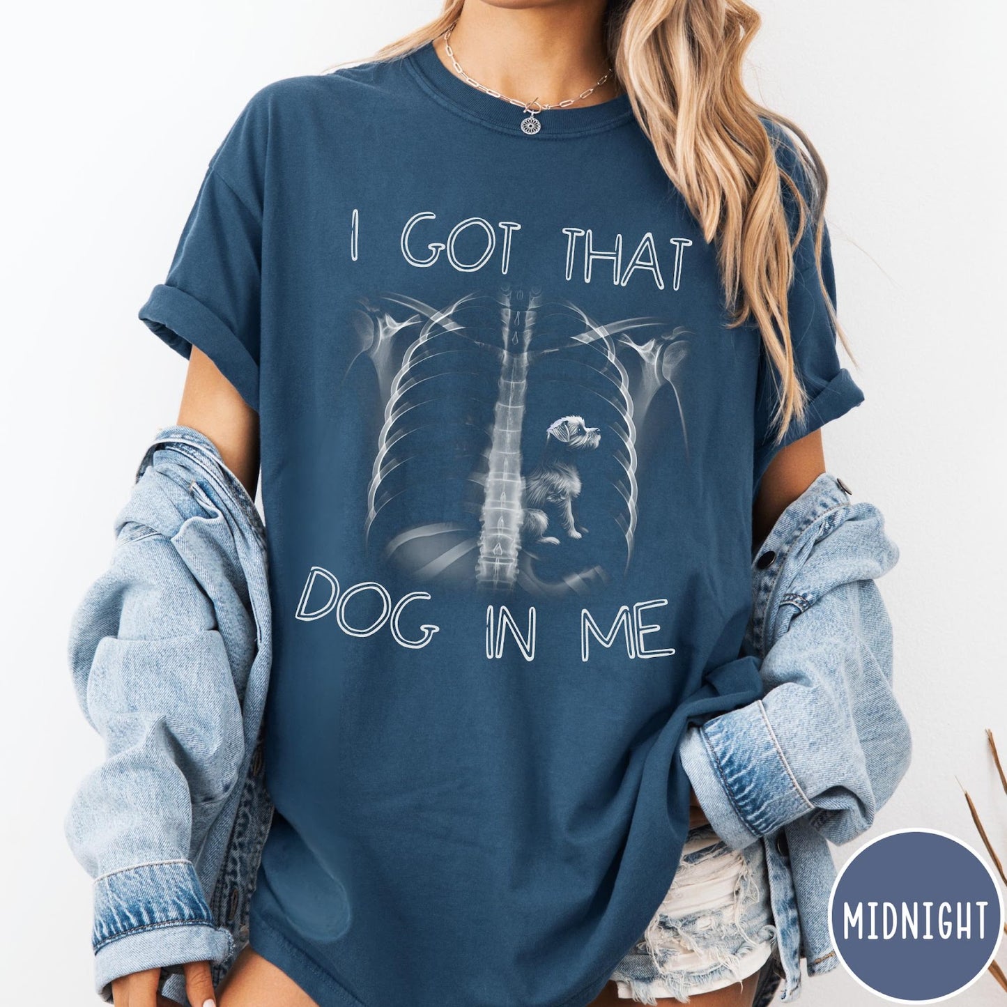Comfort Colors tee in Midnight featuring graphic style X-ray ribcage with a small dog sitting inside.